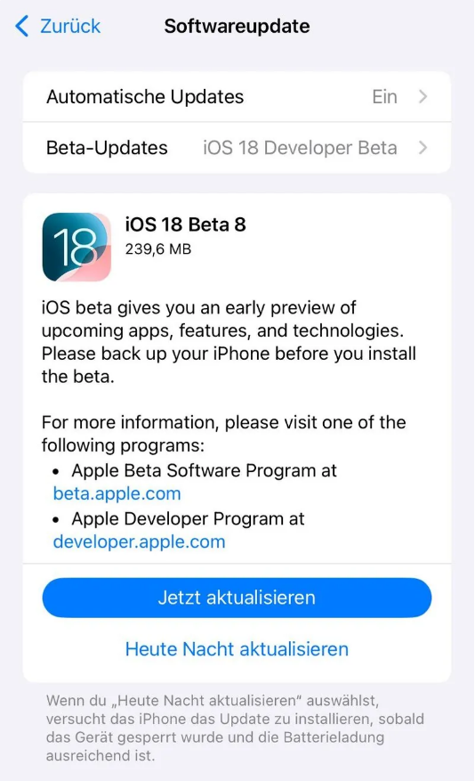 日照苹果手机维修分享苹果 iOS / iPadOS 18 开发者预览版 Beta 8 发布 